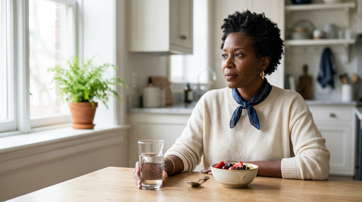 Woman sitting at a bright kitchen table with a glass of water and fresh fruit