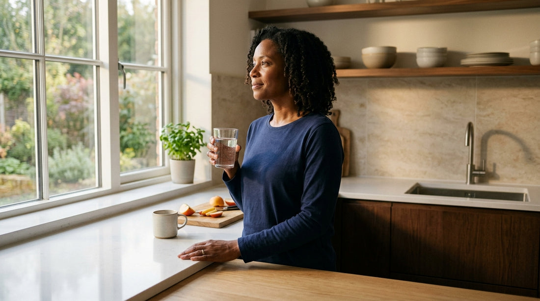 Woman in a bright kitchen holding a glass of water, warm morning light
