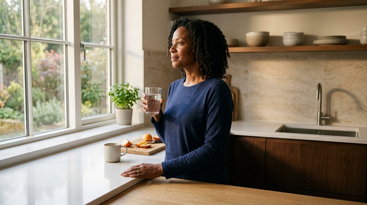 Woman in a bright kitchen holding a glass of water, warm morning light