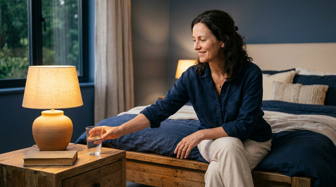Woman at a bedside table with a glass of water, soft evening light
