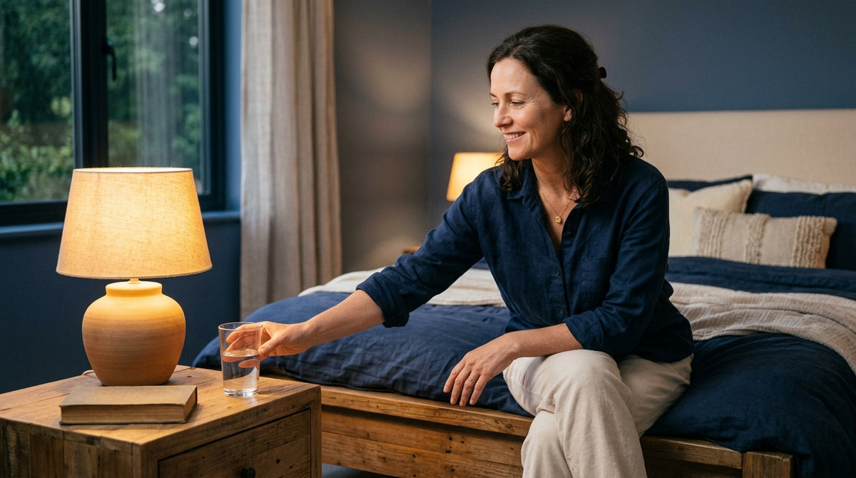 Woman at a bedside table with a glass of water, soft evening light