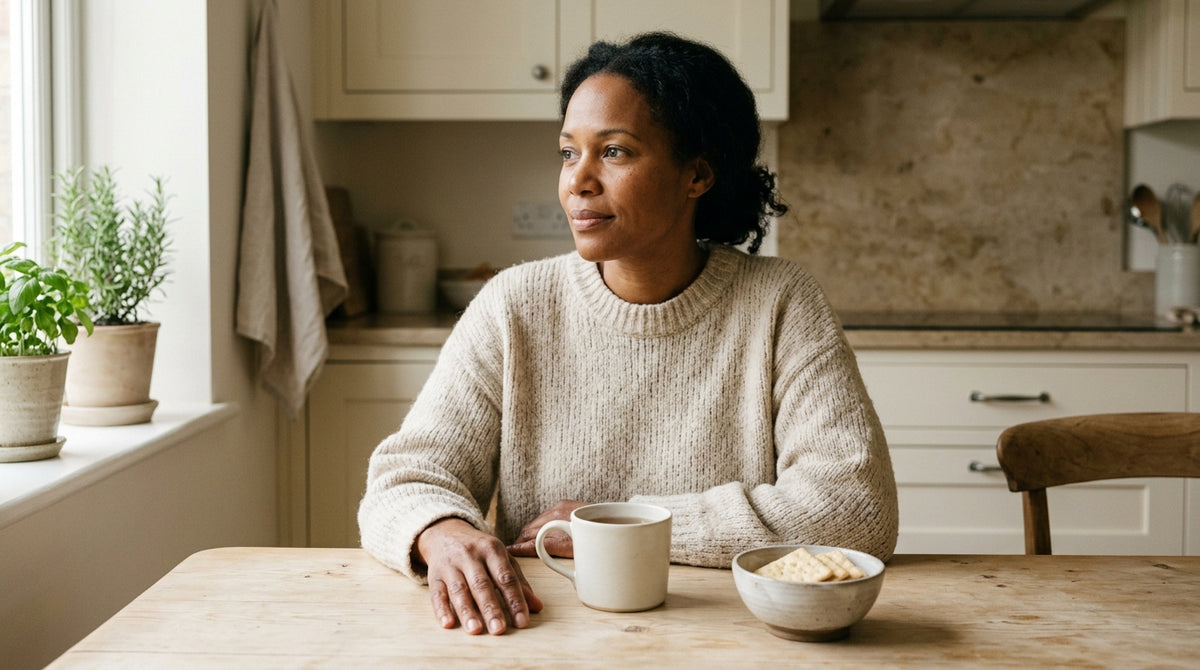Woman at a kitchen table with a small bowl of crackers and ginger tea, calm morning