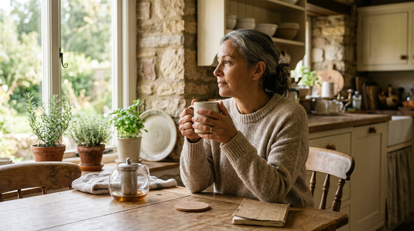Woman sitting at a kitchen table with a warm mug of tea, contemplative morning