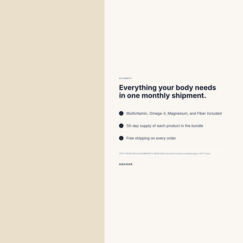 Benefit frame for Daily Essentials Bundle: Everything your body needs in one monthly shipment.