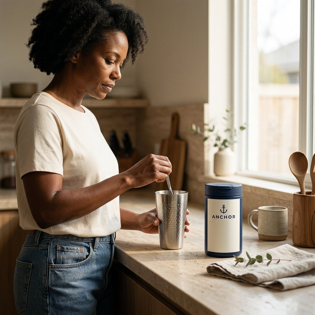 Black woman in her late 40s stirring an Anchor whey protein shake at a kitchen counter in morning light