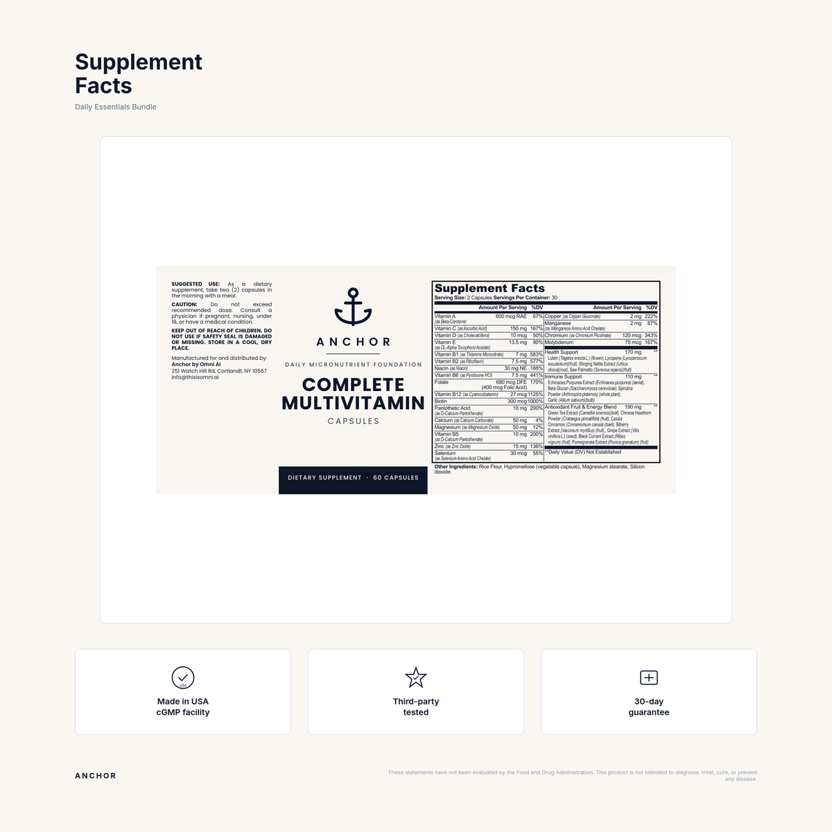 Supplement Facts panel for Daily Essentials Bundle with trust badges