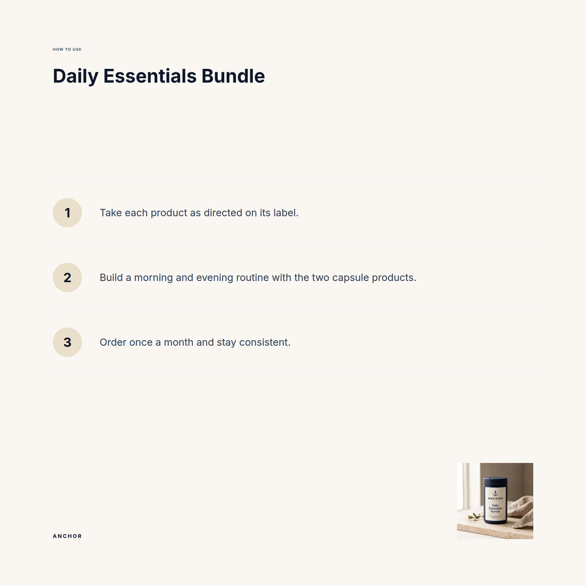 How to use Daily Essentials Bundle: three-step guide with product photo