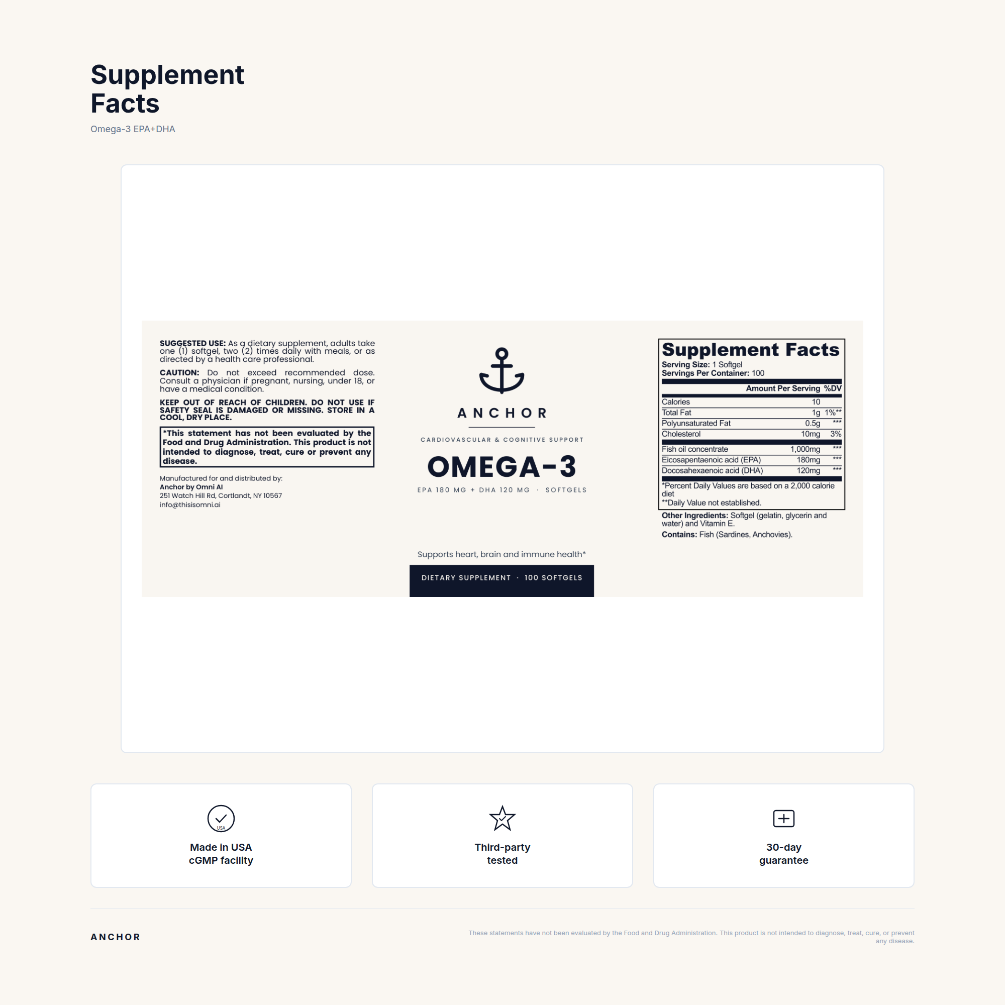 Supplement Facts panel for Omega-3 EPA/DHA with trust badges
