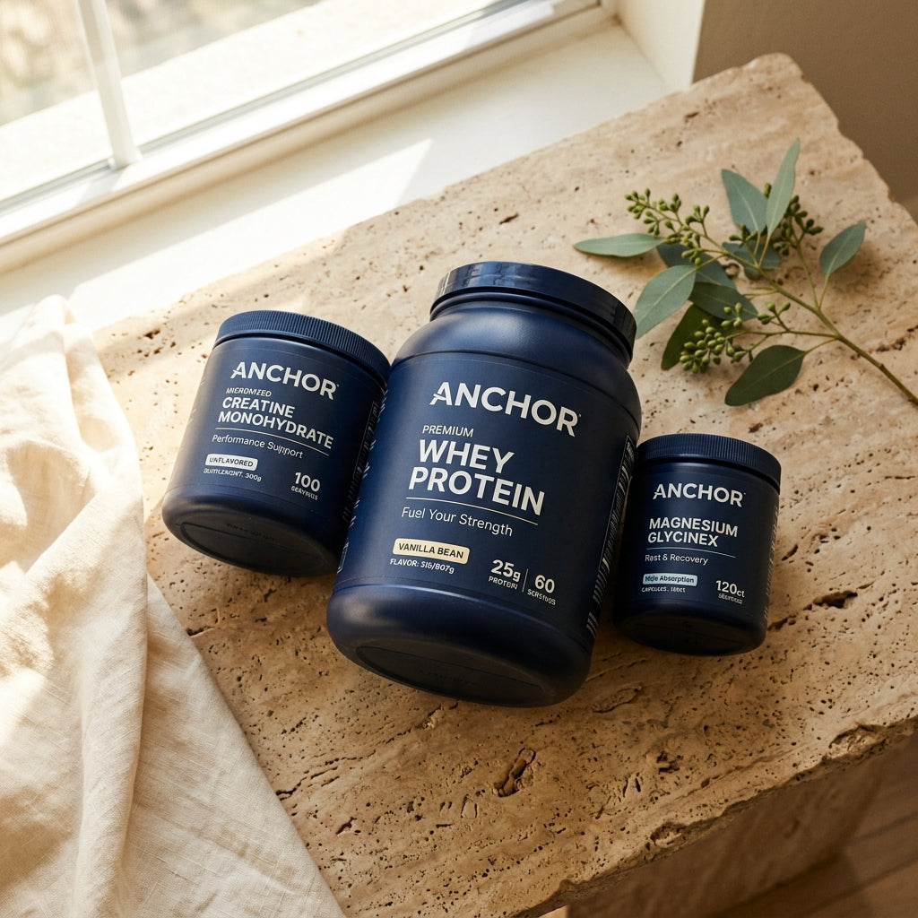 Anchor Daily Essentials Bundle — three core products: protein, creatine, and magnesium together