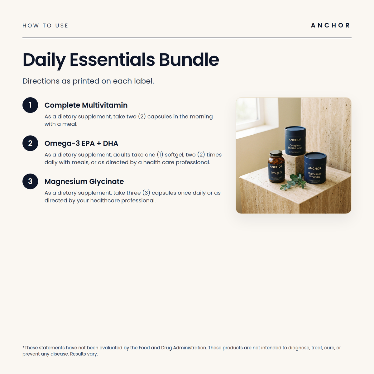 How to use Daily Essentials Bundle: directions as printed on each product label, with product photo