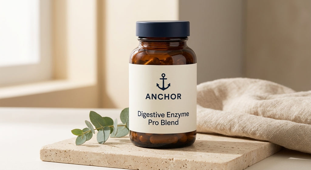 Anchor Digestive Enzyme Pro Blend — hero product shot on travertine with 'Digestive Enzyme Pro Blend' label