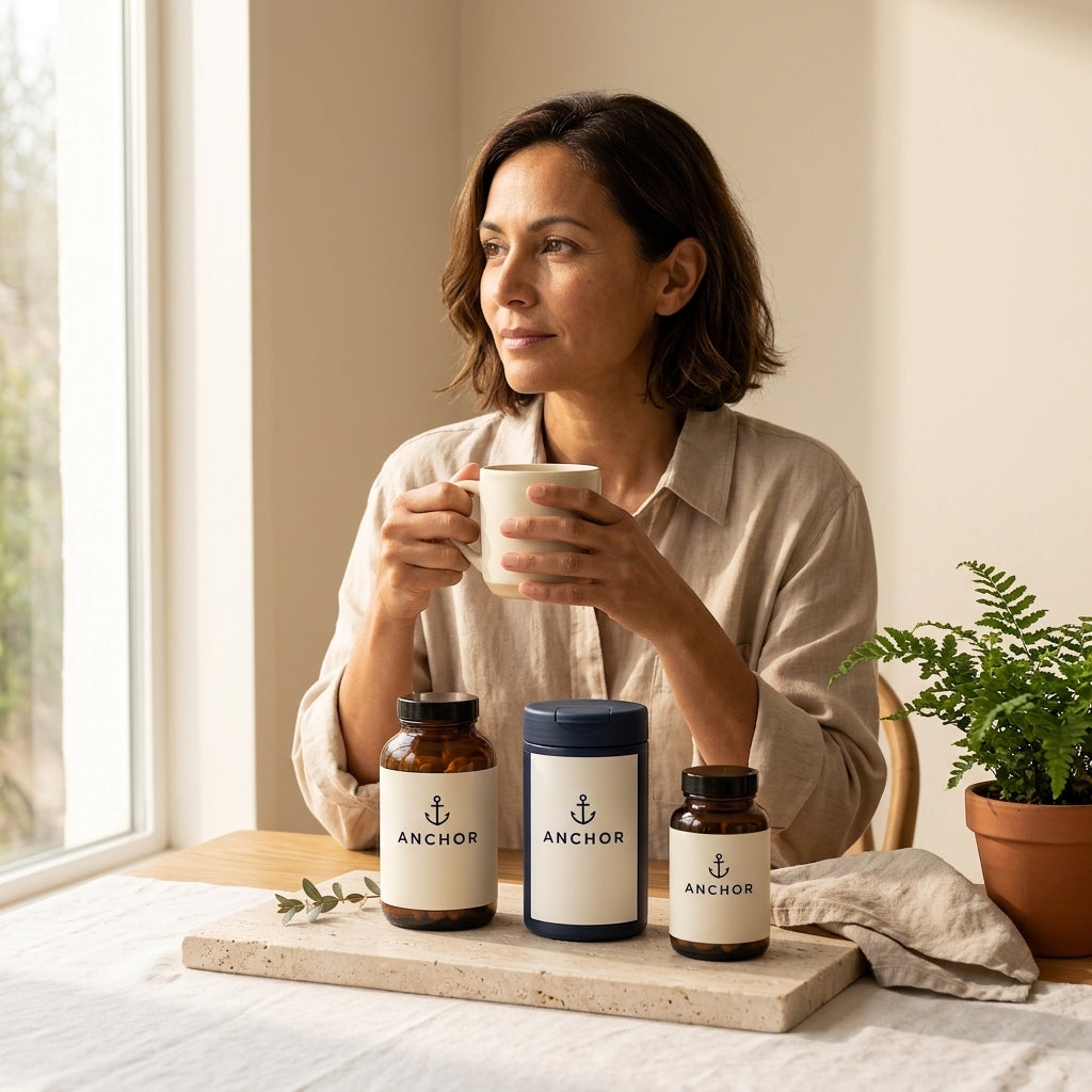 Anchor GLP-1 Companion Bundle lifestyle — woman at sunlit table with Anchor supplement products, morning wellness routine