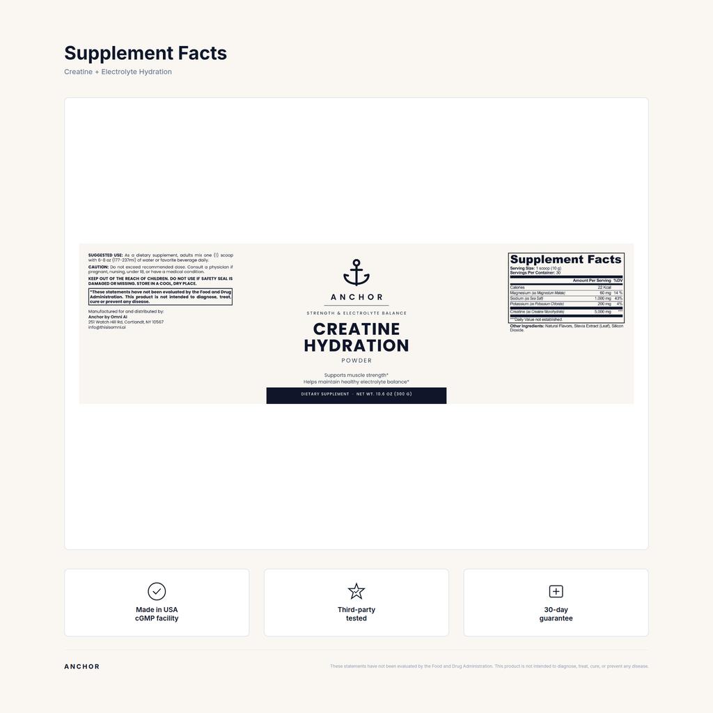Supplement Facts panel for Creatine Hydration with trust badges