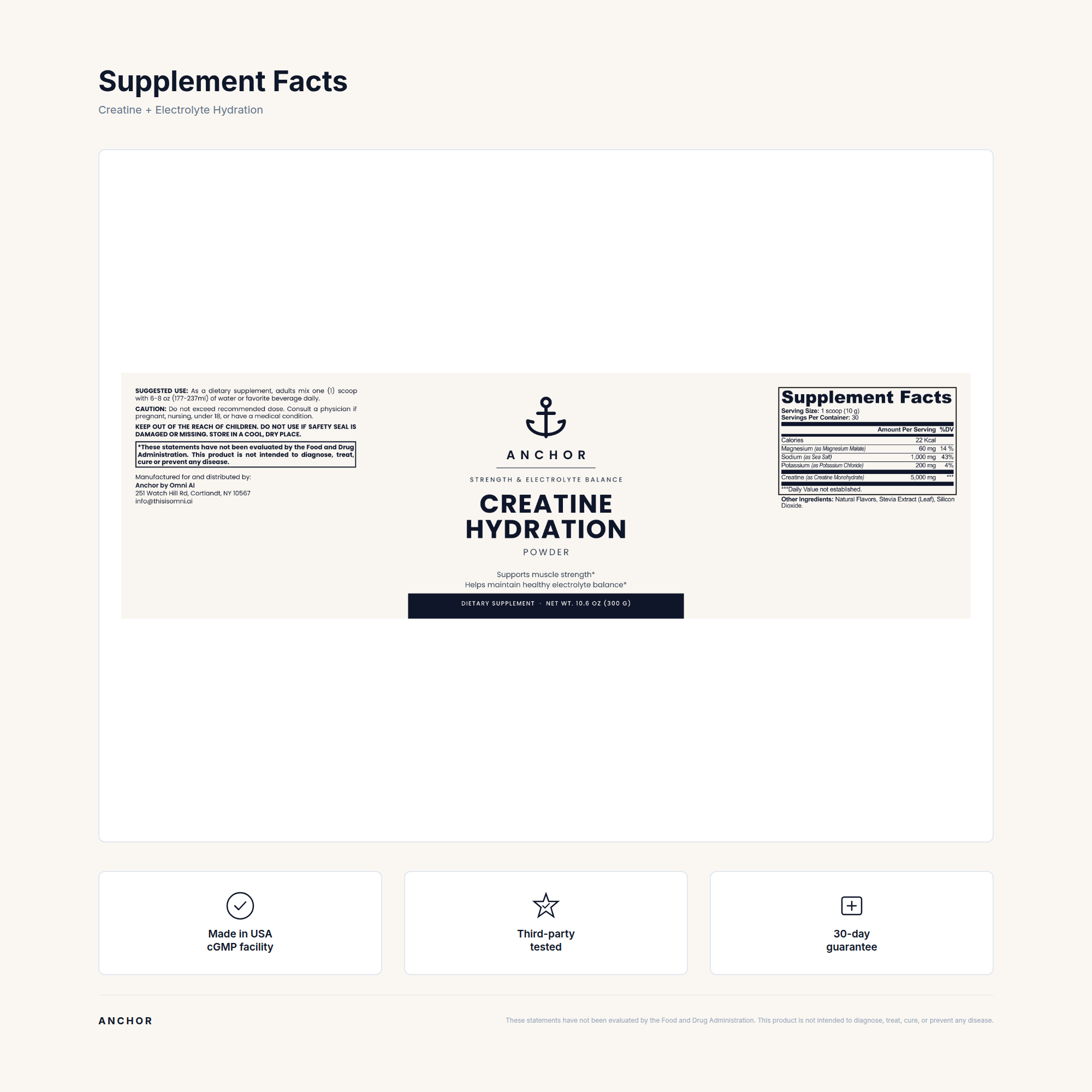 Supplement Facts panel for Creatine Hydration with trust badges