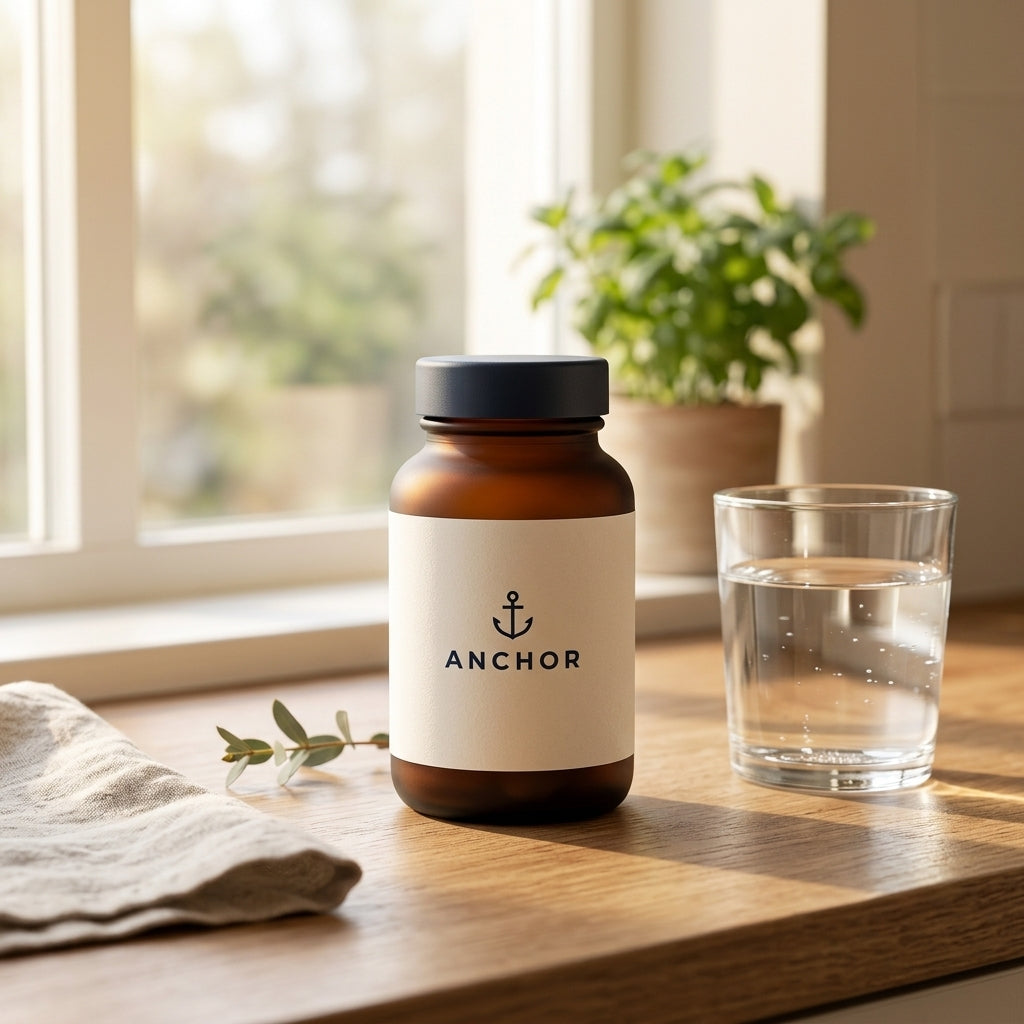 Anchor Gut Health Prebiotic Fiber in morning kitchen scene with water glass, warm natural light
