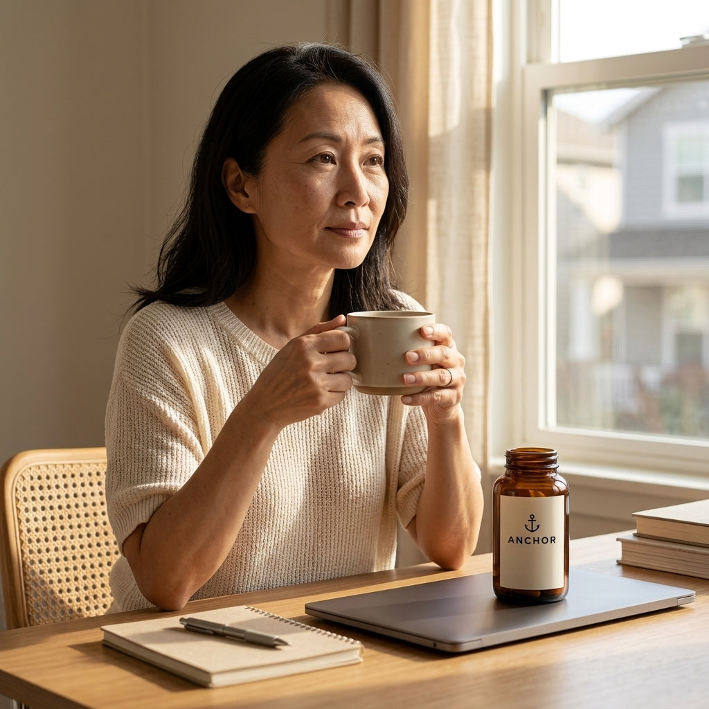 East Asian woman in her 40s at a home desk with coffee and an Anchor GLP-1 support amber bottle beside her laptop in morning light