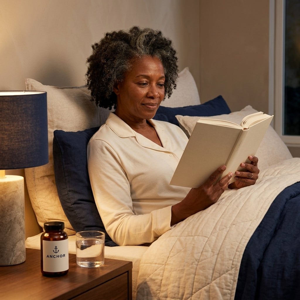 Black woman in her 50s reading in bed in the evening with an Anchor magnesium glycinate amber bottle and a glass of water on the nightstand