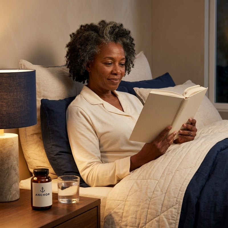 Black woman in her 50s reading in bed in the evening with an Anchor magnesium glycinate amber bottle and a glass of water on the nightstand