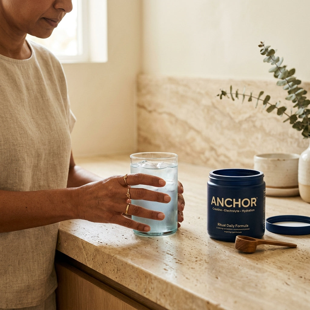 Anchor Creatine Electrolyte Hydration dissolved in water — morning ritual, real-life in-use shot