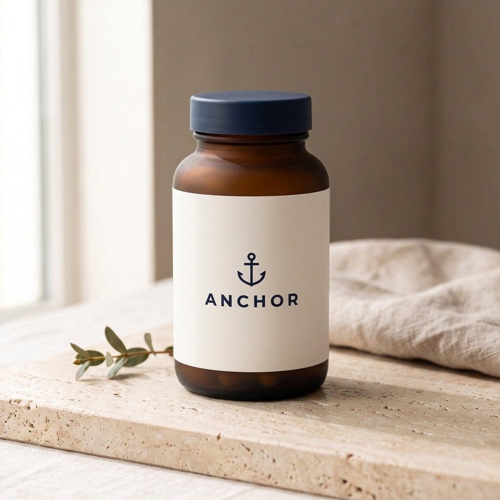 Anchor Magnesium Glycinate navy tub on travertine stone with eucalyptus, natural window light