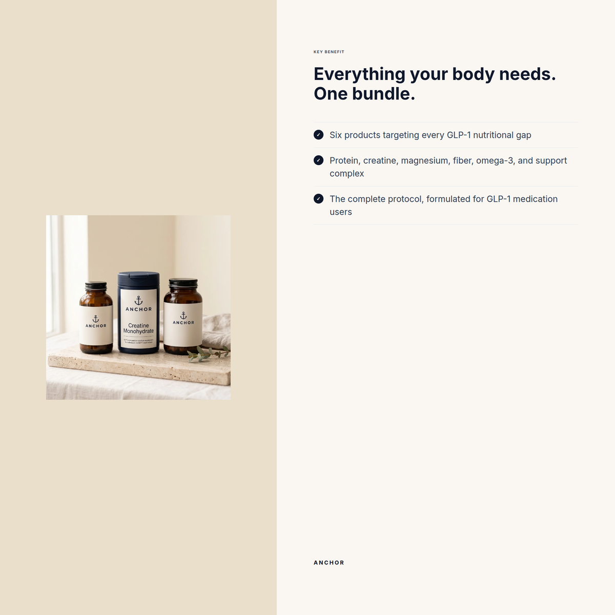 Benefit frame for GLP-1 Companion Bundle: Everything your body needs when GLP-1 cuts appetite and nutr