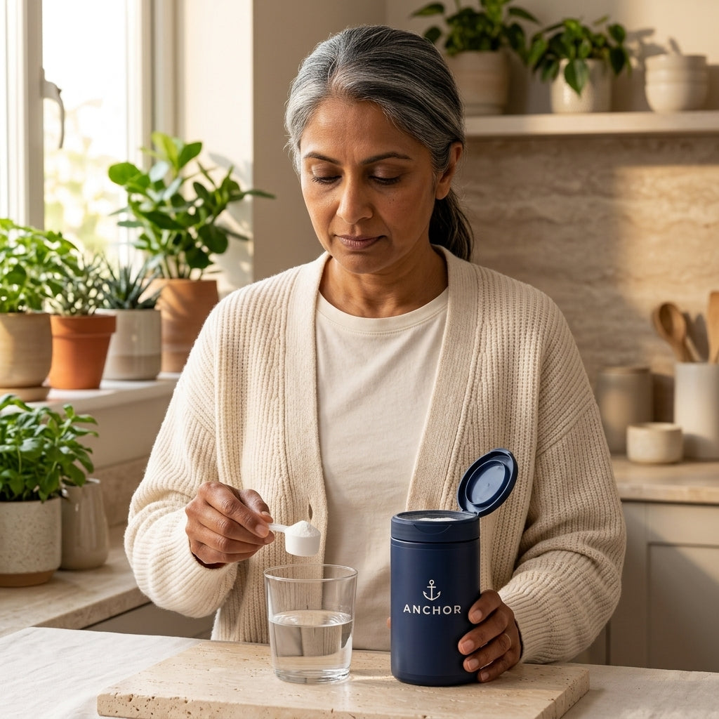 South Asian woman in her 50s scooping Anchor creatine monohydrate into a glass of water in a small kitchen with plants on the windowsill